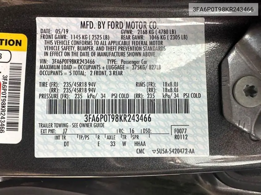2019 Ford Fusion Se VIN: 3FA6P0T98KR243466 Lot: 42788519