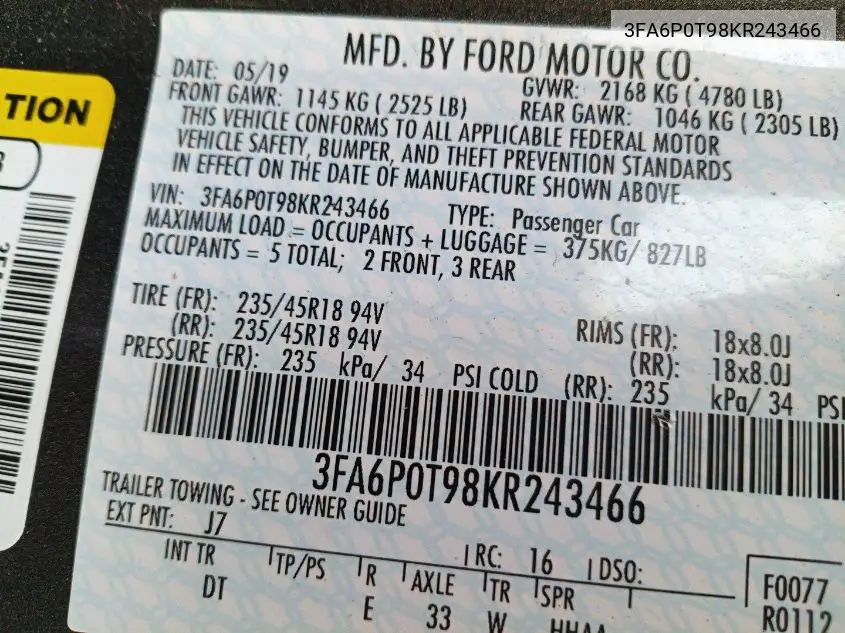 2019 Ford Fusion Se VIN: 3FA6P0T98KR243466 Lot: 42788519