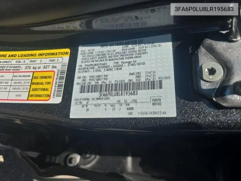 2020 Ford Fusion Se VIN: 3FA6P0LU8LR195683 Lot: 42786965