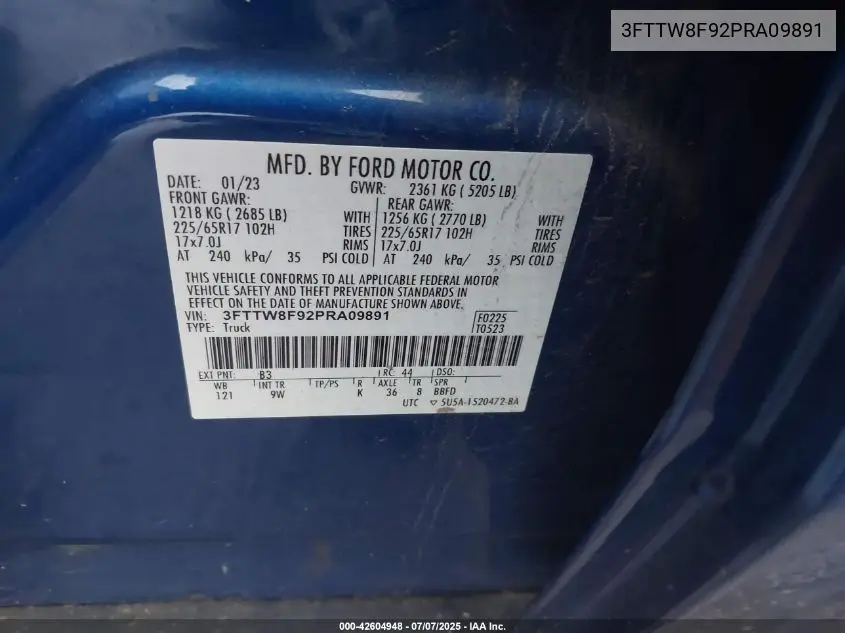 2023 Ford Maverick Xl VIN: 3FTTW8F92PRA09891 Lot: 42604948