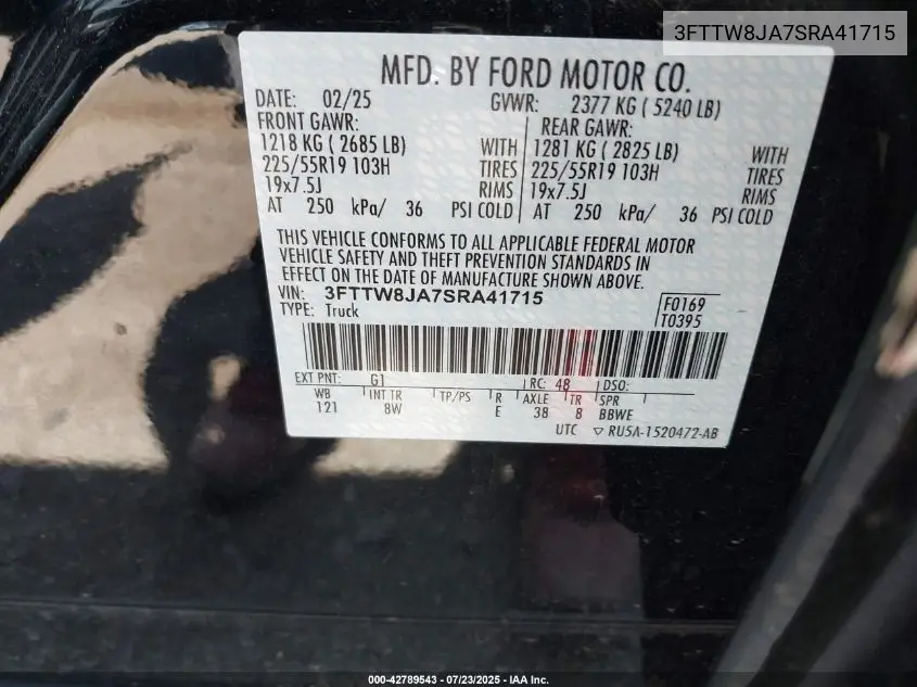2025 Ford Maverick Xlt VIN: 3FTTW8JA7SRA41715 Lot: 42789543