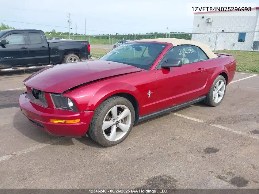 2007 Ford Mustang V6 VIN: 1ZVFT84N075296993 Lot: 12346240