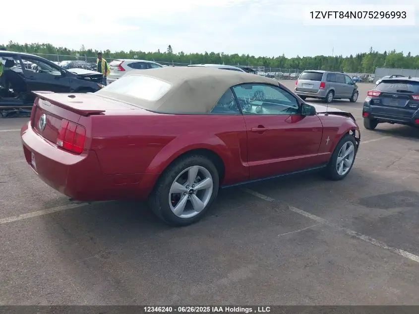 2007 Ford Mustang V6 VIN: 1ZVFT84N075296993 Lot: 12346240