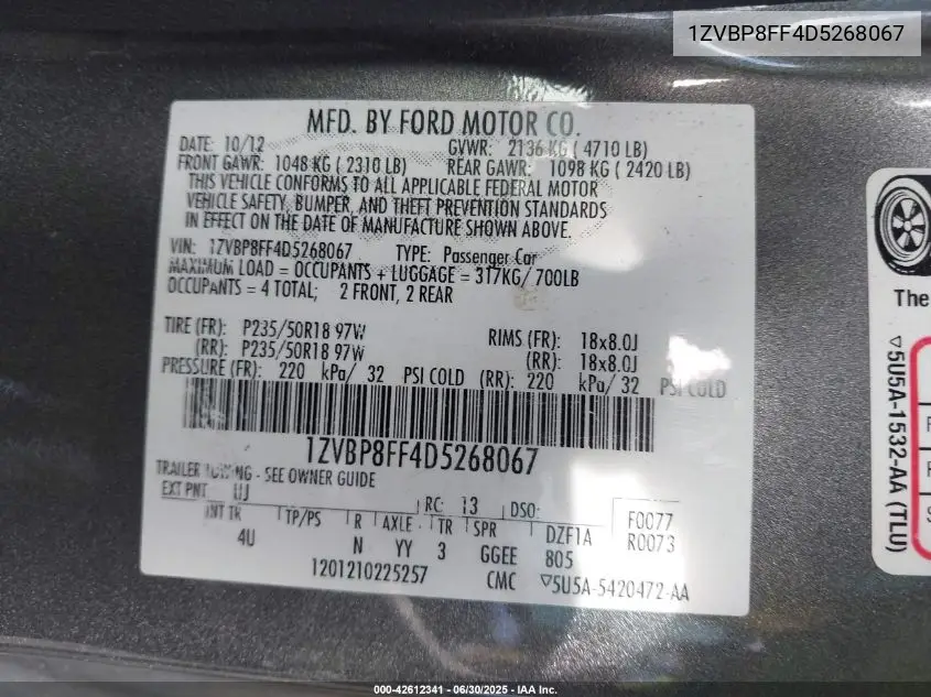 2013 Ford Mustang Gt Premium VIN: 1ZVBP8FF4D5268067 Lot: 42612341