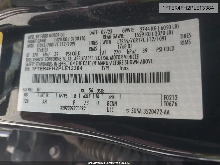 2023 Ford Ranger Xlt VIN: 1FTER4FH2PLE13384 Lot: 42726145