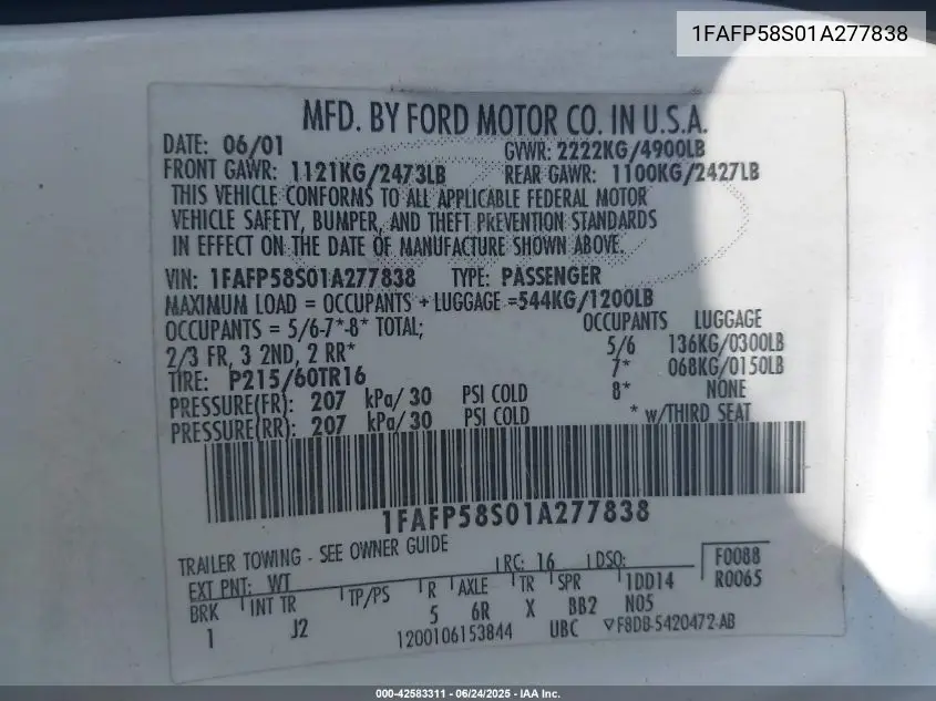 2001 Ford Taurus Se VIN: 1FAFP58S01A277838 Lot: 42583311