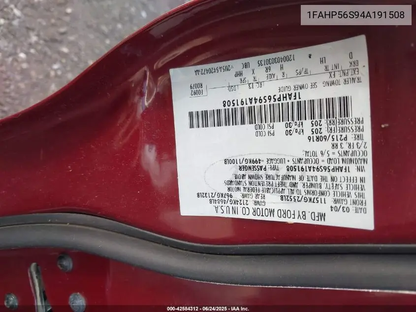2004 Ford Taurus Sel VIN: 1FAHP56S94A191508 Lot: 42584312