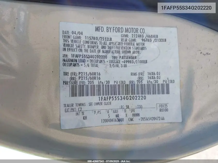 2004 Ford Taurus Ses VIN: 1FAFP55S34G202220 Lot: 42687343