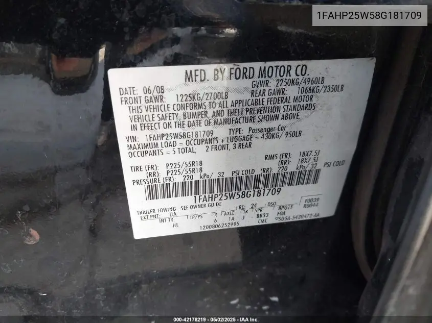 2008 Ford Taurus Limited VIN: 1FAHP25W58G181709 Lot: 42178219