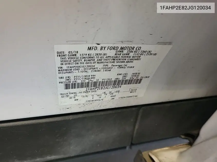 1FAHP2E82JG120034 2018 Ford Taurus Sel