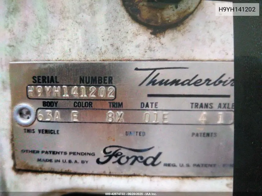 1959 Ford Thunderbird VIN: H9YH141202 Lot: 42574722