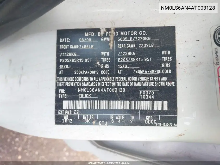 2010 Ford Transit Connect Xl VIN: NM0LS6AN4AT003128 Lot: 42253652