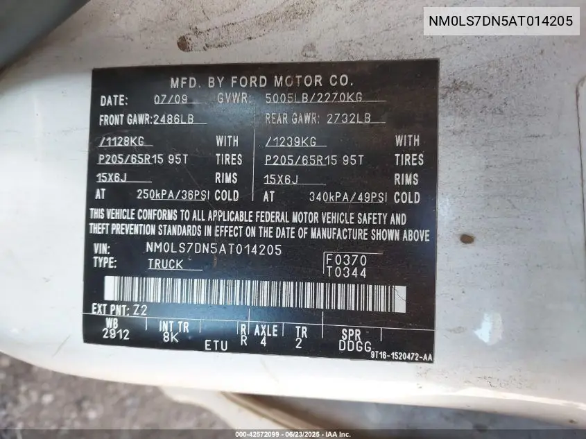 2010 Ford Transit Connect Xlt VIN: NM0LS7DN5AT014205 Lot: 42572099