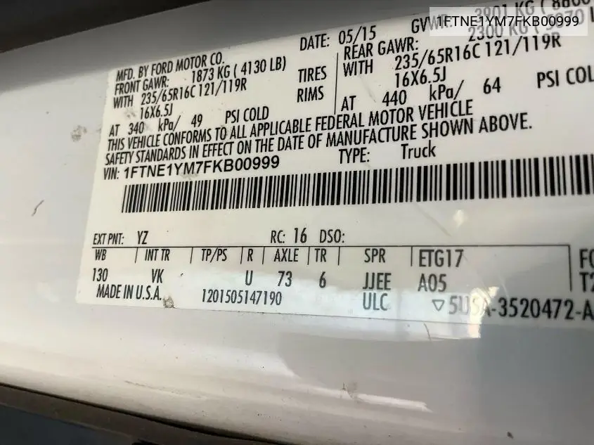 2015 Ford Transit T-150 VIN: 1FTNE1YM7FKB00999 Lot: 42639416