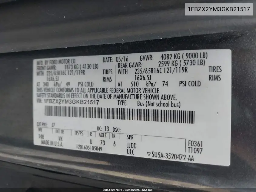 2016 Ford Transit-350 Xl VIN: 1FBZX2YM3GKB21517 Lot: 42257881