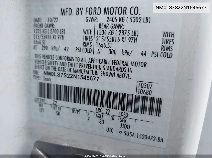 2022 Ford Transit Connect Xl Cargo Van VIN: NM0LS7S22N1545677 Lot: 42247510