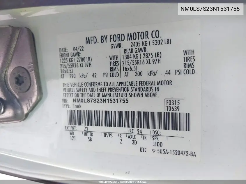 2022 Ford Transit Connect Xl Cargo Van VIN: NM0LS7S23N1531755 Lot: 42627538