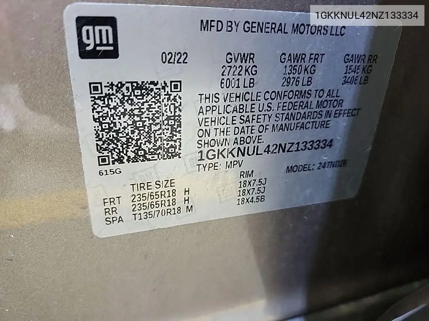 2022 GMC Acadia Slt VIN: 1GKKNUL42NZ133334 Lot: 42270201