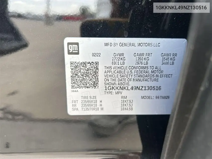 2022 GMC Acadia Fwd Sle VIN: 1GKKNKL49NZ130516 Lot: 42832799