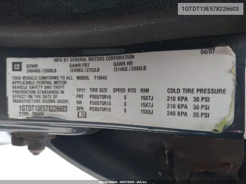 2007 GMC Canyon Sle2 VIN: 1GTDT13E578226603 Lot: 42195945