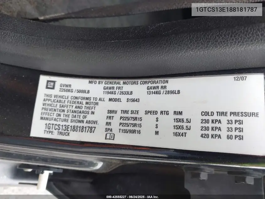 2008 GMC Canyon Sle2 VIN: 1GTCS13E188181787 Lot: 42555227