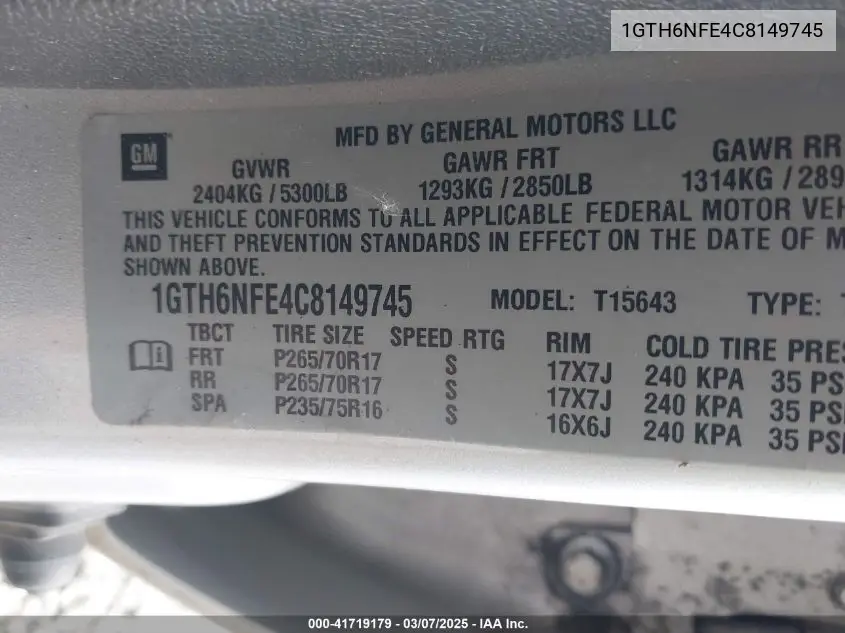 2012 GMC Canyon Slt VIN: 1GTH6NFE4C8149745 Lot: 41719179