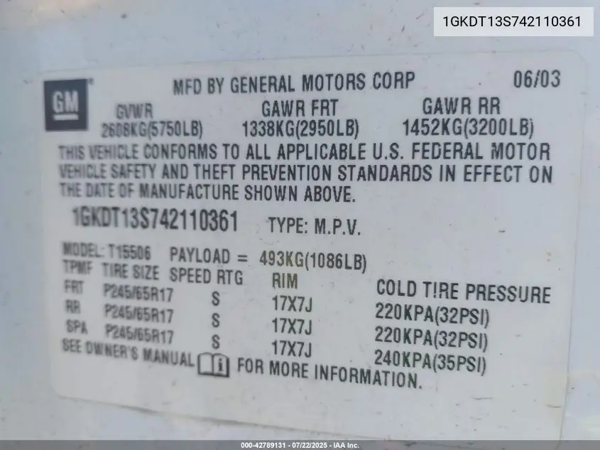 2004 GMC Envoy Sle VIN: 1GKDT13S742110361 Lot: 42789131