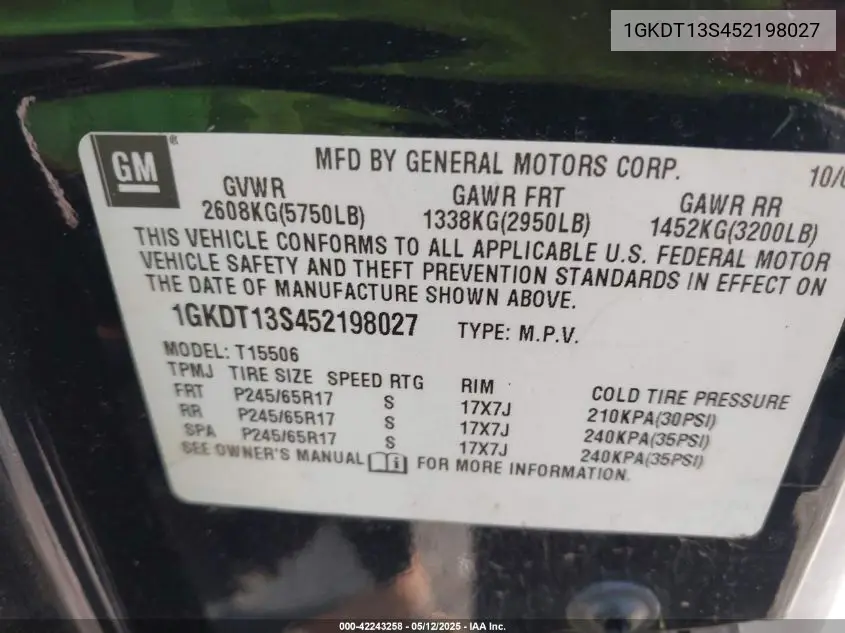 2005 GMC Envoy Sle VIN: 1GKDT13S452198027 Lot: 42243258