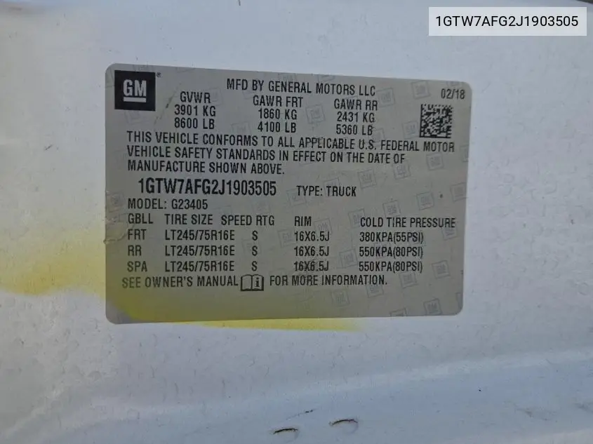 2018 GMC Savana G2500 VIN: 1GTW7AFG2J1903505 Lot: 42666489