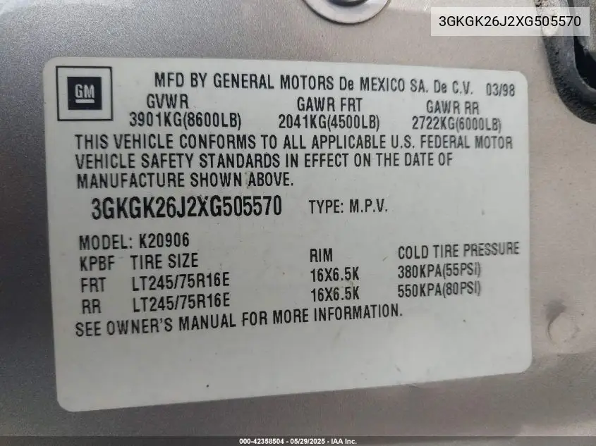 1999 GMC Suburban 2500 Sl VIN: 3GKGK26J2XG505570 Lot: 42358504