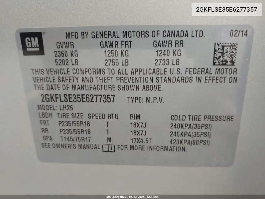 2014 GMC Terrain Slt-1 VIN: 2GKFLSE35E6277357 Lot: 42261032