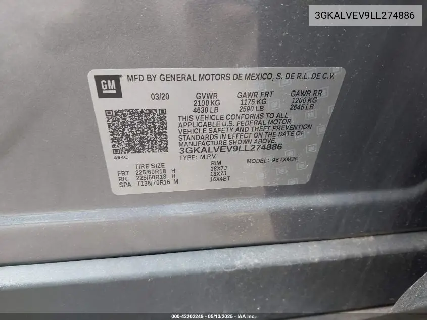 2020 GMC Terrain Awd Slt VIN: 3GKALVEV9LL274886 Lot: 42202249