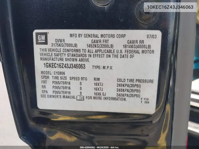 2003 GMC Yukon Xl 1500 Slt VIN: 1GKEC16Z43J346063 Lot: 42594382