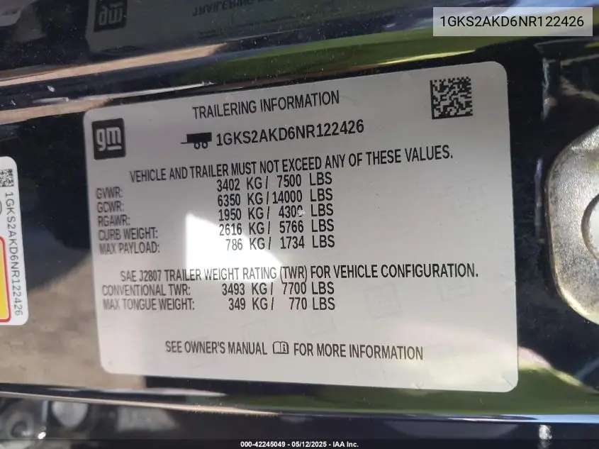 2022 GMC Yukon 4Wd Sle VIN: 1GKS2AKD6NR122426 Lot: 42245049