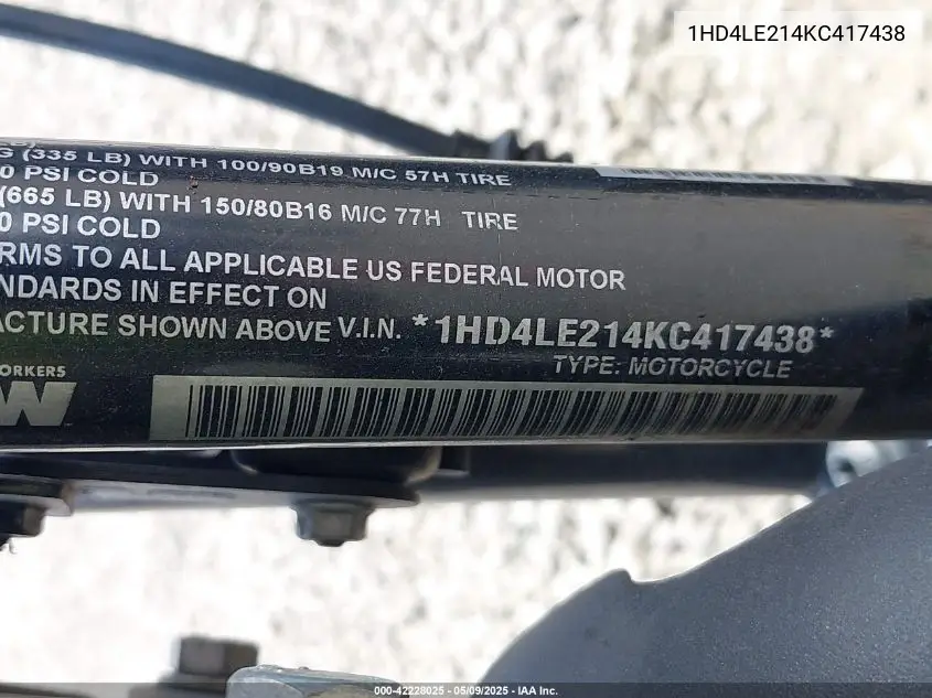 2019 Harley-Davidson Xl883 N VIN: 1HD4LE214KC417438 Lot: 42228025