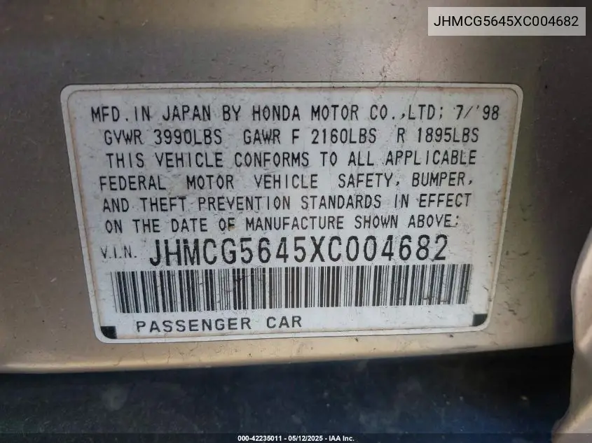 1999 Honda Accord Lx VIN: JHMCG5645XC004682 Lot: 42235011
