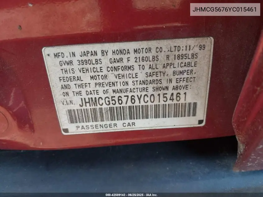 2000 Honda Accord 2.3 Se VIN: JHMCG5676YC015461 Lot: 42589143