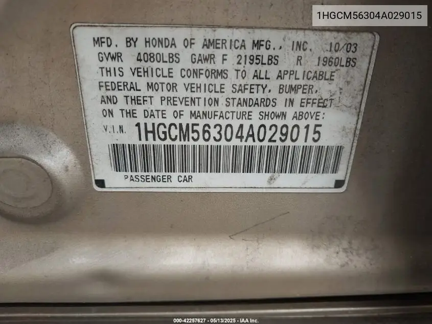 2004 Honda Accord 2.4 Lx VIN: 1HGCM56304A029015 Lot: 42257627