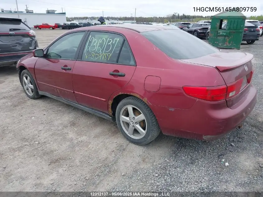2005 Honda Accord Dx VIN: 1HGCM56145A809759 Lot: 12312137