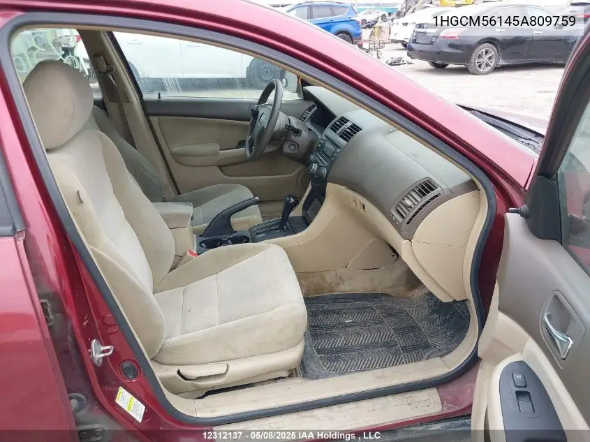 2005 Honda Accord Dx VIN: 1HGCM56145A809759 Lot: 12312137