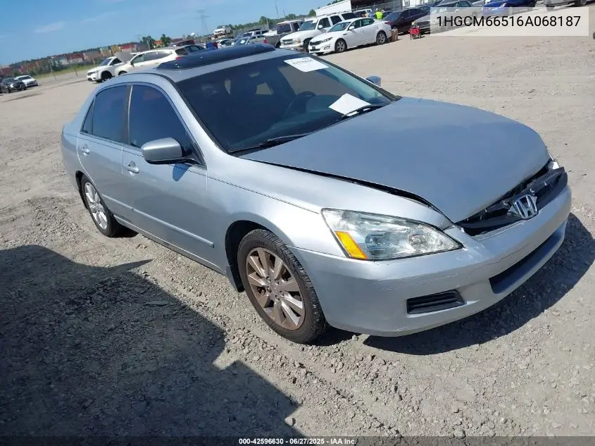 2006 Honda Accord 3.0 Ex VIN: 1HGCM66516A068187 Lot: 42596630