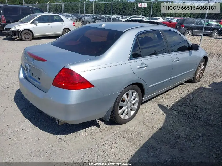 2006 Honda Accord 3.0 Ex VIN: 1HGCM66516A068187 Lot: 42596630