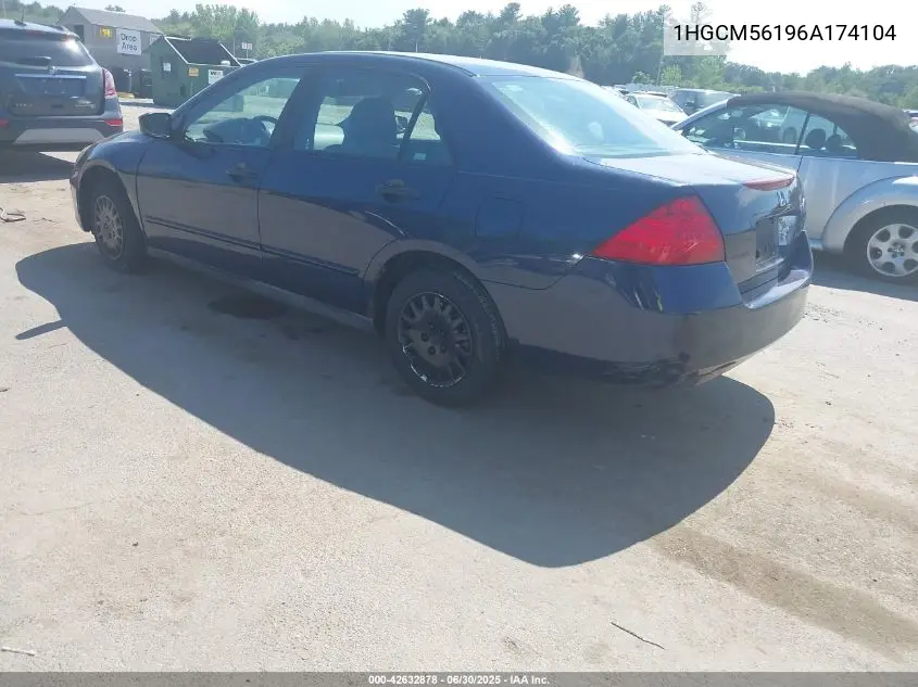 2006 Honda Accord 2.4 Vp VIN: 1HGCM56196A174104 Lot: 42632878