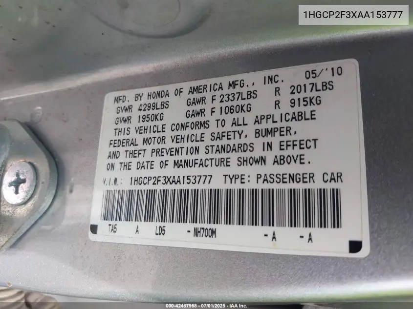 2010 Honda Accord 2.4 Lx VIN: 1HGCP2F3XAA153777 Lot: 42487968