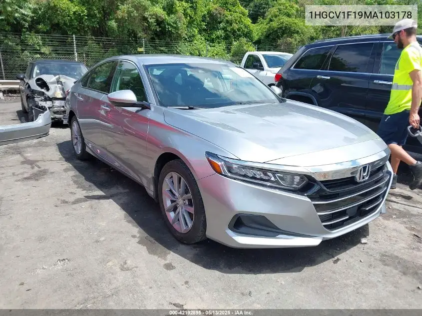2021 Honda Accord Lx VIN: 1HGCV1F19MA103178 Lot: 42192895