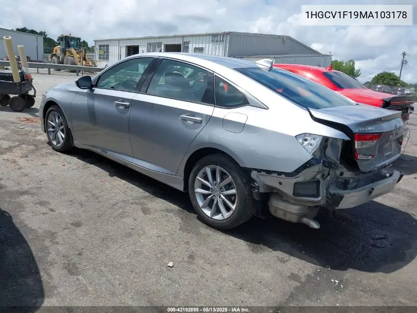 2021 Honda Accord Lx VIN: 1HGCV1F19MA103178 Lot: 42192895