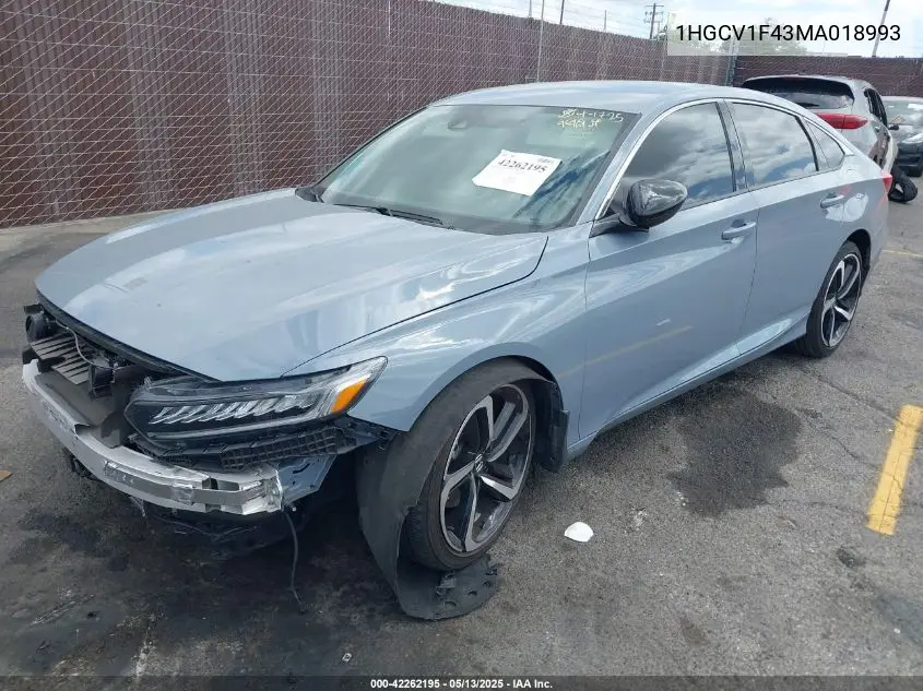 2021 Honda Accord Sport Special Edition VIN: 1HGCV1F43MA018993 Lot: 42262195
