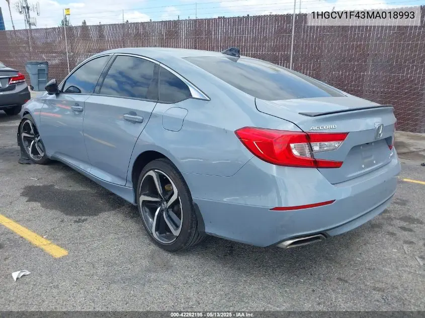 2021 Honda Accord Sport Special Edition VIN: 1HGCV1F43MA018993 Lot: 42262195