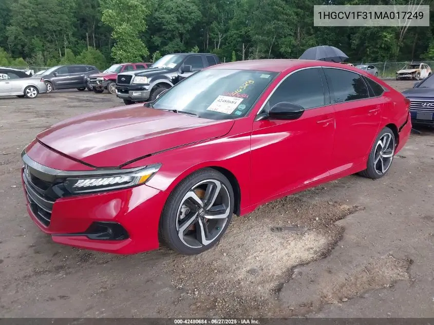 2021 Honda Accord Sport VIN: 1HGCV1F31MA017249 Lot: 42480684