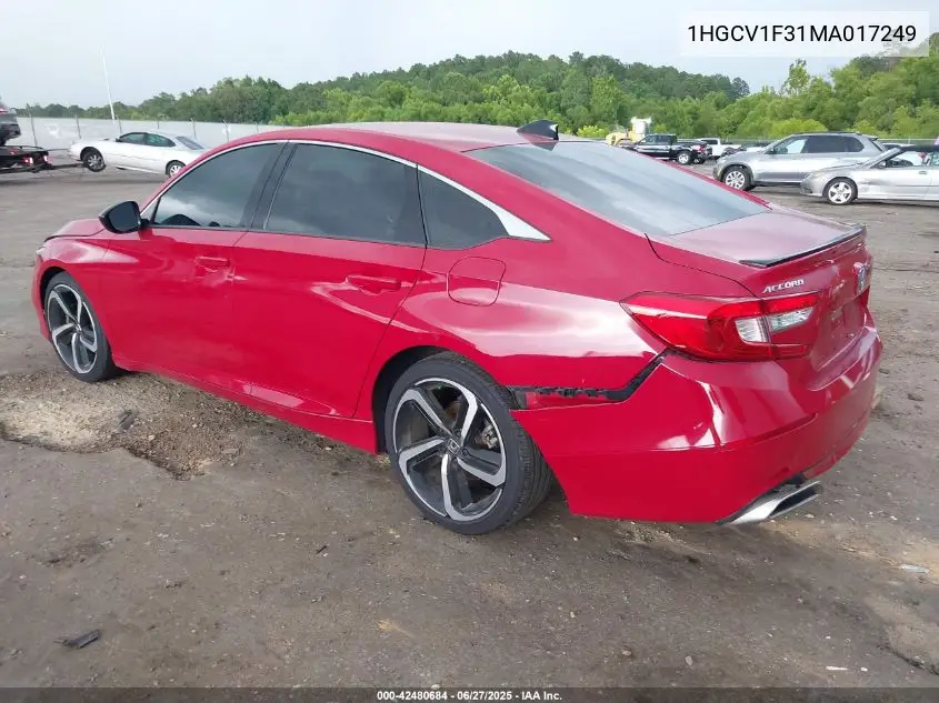2021 Honda Accord Sport VIN: 1HGCV1F31MA017249 Lot: 42480684